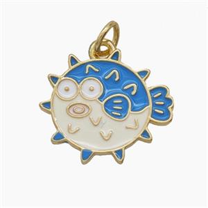 Copper Puffer Fish Pendant White Blue Enamel Gold Plated, approx 16-17.5mm [FD24547]
