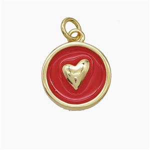 Copper Heart Pendant Red Enamel Circle Gold Plated, approx 14.5mm [FD24581]