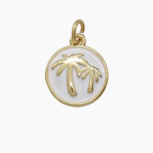 Copper Coconut Tree Pendant White Enamel Palm Circle Gold Plated, approx 13mm [FD24582]