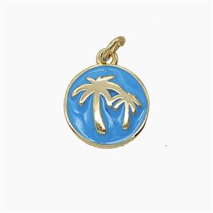Copper Coconut Tree Pendant Green Enamel Palm Circle Gold Plated, approx 13mm [FD24583]