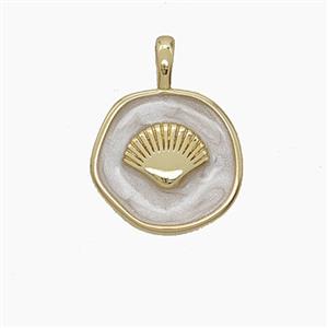 Copper Scallop Shell Pendant White Enamel Circle Gold Plated, approx 14mm [FD24585]