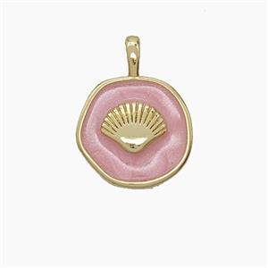 Copper Scallop Shell Pendant Pink Enamel Circle Gold Plated, approx 14mm [FD24586]