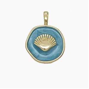 Copper Scallop Shell Pendant Teal Enamel Circle Gold Plated, approx 14mm [FD24587]