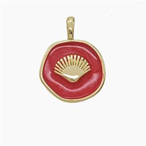 Copper Scallop Shell Pendant Red Enamel Circle Gold Plated, approx 14mm [FD24588]