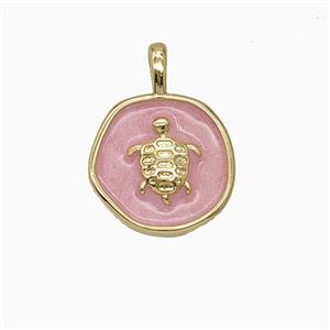 Copper Tortoise Pendant Pink Enamel Circle Gold Plated, approx 14mm [FD24590]