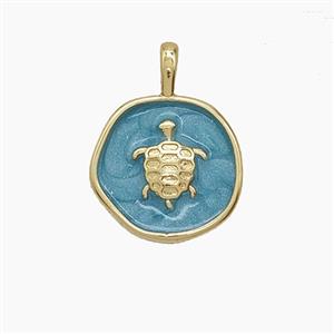 Copper Tortoise Pendant Teal Enamel Circle Gold Plated, approx 14mm [FD24591]