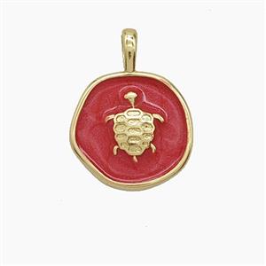 Copper Tortoise Pendant Red Enamel Circle Gold Plated, approx 14mm [FD24592]