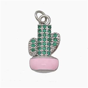 Copper Cactus Pendant Pave Zirconia Pink Enamel Platinum Plated, approx 10-16mm [FD24596]