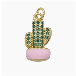 Copper Cactus Pendant Pave Zirconia Pink Enamel Gold Plated, approx 10-16mm [FD24598]
