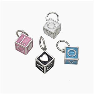 Copper Cube Pendant LOVE Enamel Platinum Plated Mixed, approx 10mm [FD24636]