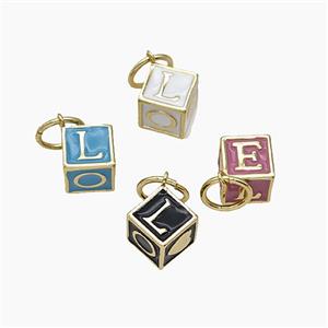 Copper Cube Pendant LOVE Enamel Gold Plated Mixed, approx 10mm [FD24637]