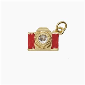 Copper Camera Pendant Pave Zirconia Red Enamel Gold Plated, approx 9-12mm [FD24686]
