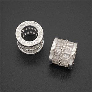 Copper Tube Beads Micropave Zirconia Large Hole Shiny Silver, approx 11.5mm, 7mm hole [FD24903]