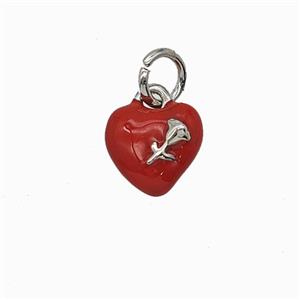 Copper Heart Pendant With Rose Flower Red Enamel Platinum Plated, approx 8mm [FD24949]