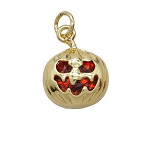 Halloween Pumpkin Charms Copper Pendant Pave Zirconia Gold Plated, approx 12mm [FD25247]