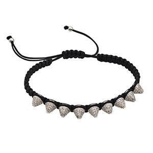 Black Nylon Braided Bracelet With Copper Spike Studs Pave Zirconia Adjustable, approx 7mm, 22-29cm length [FD25334]