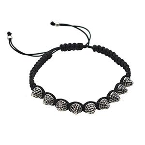 Black Nylon Braided Bracelet With Copper Spike Studs Pave Zirconia Adjustable, approx 7mm, 22-29cm length [FD25335]