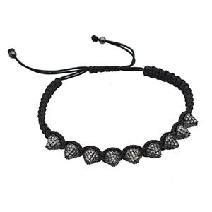 Black Nylon Braided Bracelet With Copper Spike Studs Pave Zirconia Adjustable, approx 7mm, 22-29cm length [FD25336]