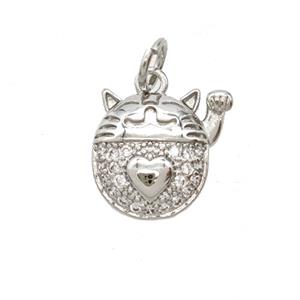 Lucky Cat Charms Copper Pendant Pave Zirconia Platinum Plated, approx 11-13mm [FD25460]