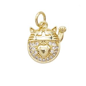 Lucky Cat Charms Copper Pendant Pave Zirconia Gold Plated, approx 11-13mm [FD25461]
