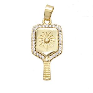 Pickleball Paddle Charms Copper Pendant Pave Zirconia Sports Gold Plated, approx 11-19mm [FD25475]