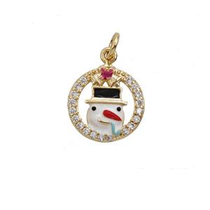 Christmas Snowman Charms Copper Pendant Pave Zirconia White Enamel Gold Plated, approx 10mm [FD25635]