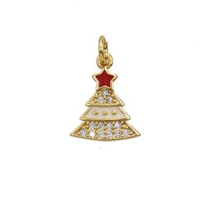 Christmas Tree Charms Copper Pendant Pave Zirconia Red Enamel Gold Plated, approx 9-10mm [FD25645]