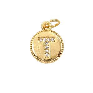 Copper Letter-T Pendant Pave Zirconia 18K Gold Plated, approx 10mm [FD25729]
