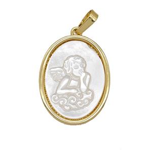 Copper Oval Pendant Pave Shell Angel 18K Gold Plated, approx 18-23mm [FD25745]
