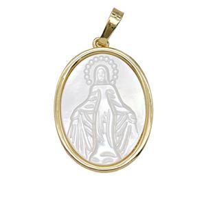 Copper Oval Pendant Pave Shell Virgin Mary 18K Gold Plated, approx 18-23mm [FD25747]