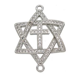 Copper David Star Connector Pave Zirconia Cross Platinum Plated, approx 23mm [FD25782]