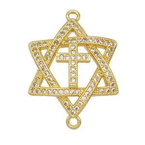 Copper David Star Connector Pave Zirconia Cross 18K Gold Plated, approx 23mm [FD25783]