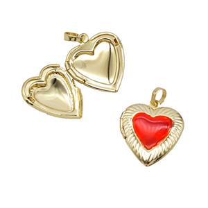 Copper Heart Locket Pendant Red Enamel 18K Gold Plated, approx 19-20mm [FD25788]