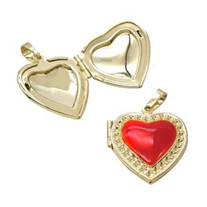 Copper Heart Locket Pendant Red Enamel 18K Gold Plated, approx 21mm [FD25791]