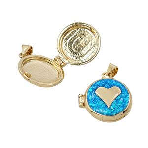 Copper Heart Locket Pendant Pave Blue FireOpal 18K Gold Plated, approx 16mm [FD25793]