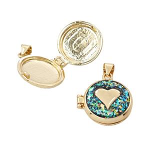 Copper Heart Locket Pendant Pave Green FireOpal 18K Gold Plated, approx 16mm [FD25794]