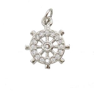 Copper Shipwheel Pendant Pave Zirconia Platinum Plated, approx 14mm [FD25801]