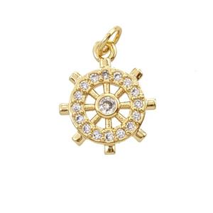 Copper Shipwheel Pendant Pave Zirconia 18K Gold Plated, approx 14mm [FD25802]