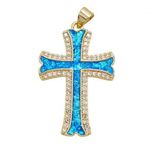 Copper Cross Pendant Pave Zirconia Blue FireOpal 18K Gold Plated, approx 22-30mm [FD25851]