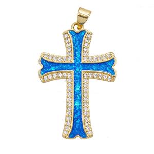 Copper Cross Pendant Pave Zirconia Blue FireOpal 18K Gold Plated, approx 22-30mm [FD25852]