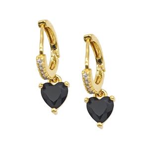 Copper Hoop Earrings Pave Black Heart Zirconia 18K Gold Plated, approx 6mm, 13mm dia [FD25854]