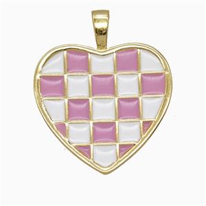 Copper Heart Pendant Pink White Enamel Checkerboard Grid Gold Plated, approx 21mm [FD25913]