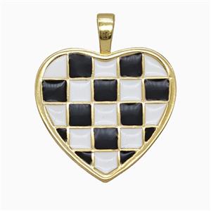 Copper Heart Pendant Pink Black Enamel Checkerboard Grid Gold Plated, approx 21mm [FD25914]