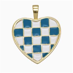 Copper Heart Pendant Blue White Enamel Checkerboard Grid Gold Plated, approx 21mm [FD25915]