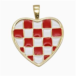 Copper Heart Pendant Red White Enamel Checkerboard Grid Gold Plated, approx 21mm [FD25916]
