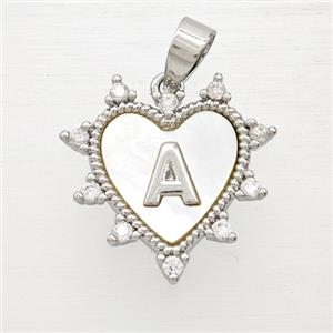 Copper Letter-A Heart Pendant Pave Zirconia Shell Platinum Plated, approx 21mm [FD25986]