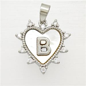 Copper Letter-B Heart Pendant Pave Zirconia Shell Platinum Plated, approx 21mm [FD25987]