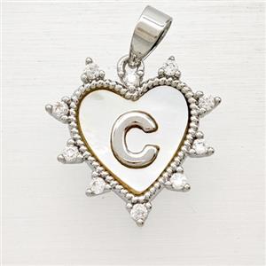 Copper Letter-C Heart Pendant Pave Zirconia Shell Platinum Plated, approx 21mm [FD25988]