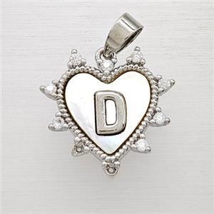 Copper Letter-D Heart Pendant Pave Zirconia Shell Platinum Plated, approx 21mm [FD25989]