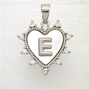 Copper Letter-E Heart Pendant Pave Zirconia Shell Platinum Plated, approx 21mm [FD25990]